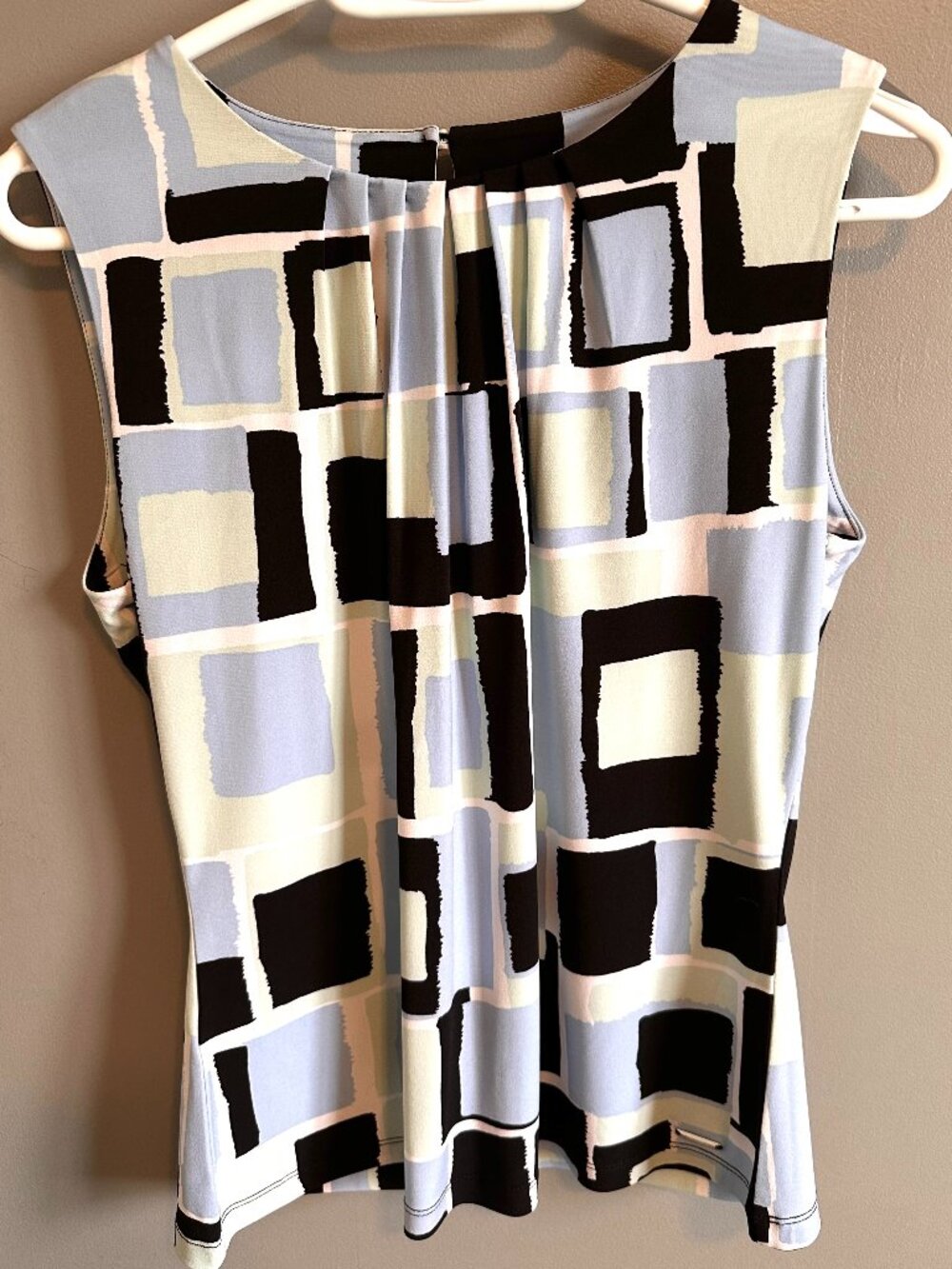 CALVIN KLEIN Blue Grey Abstract Geometric Print Pleated Sleeveless Top M